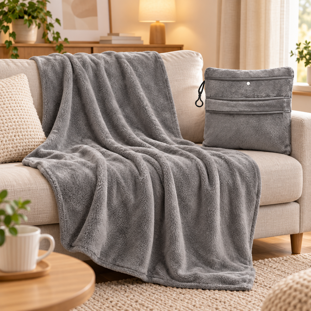 🧣 Travel Blanket | Plush Fleece | Flights | Travelers | Packable Warmth